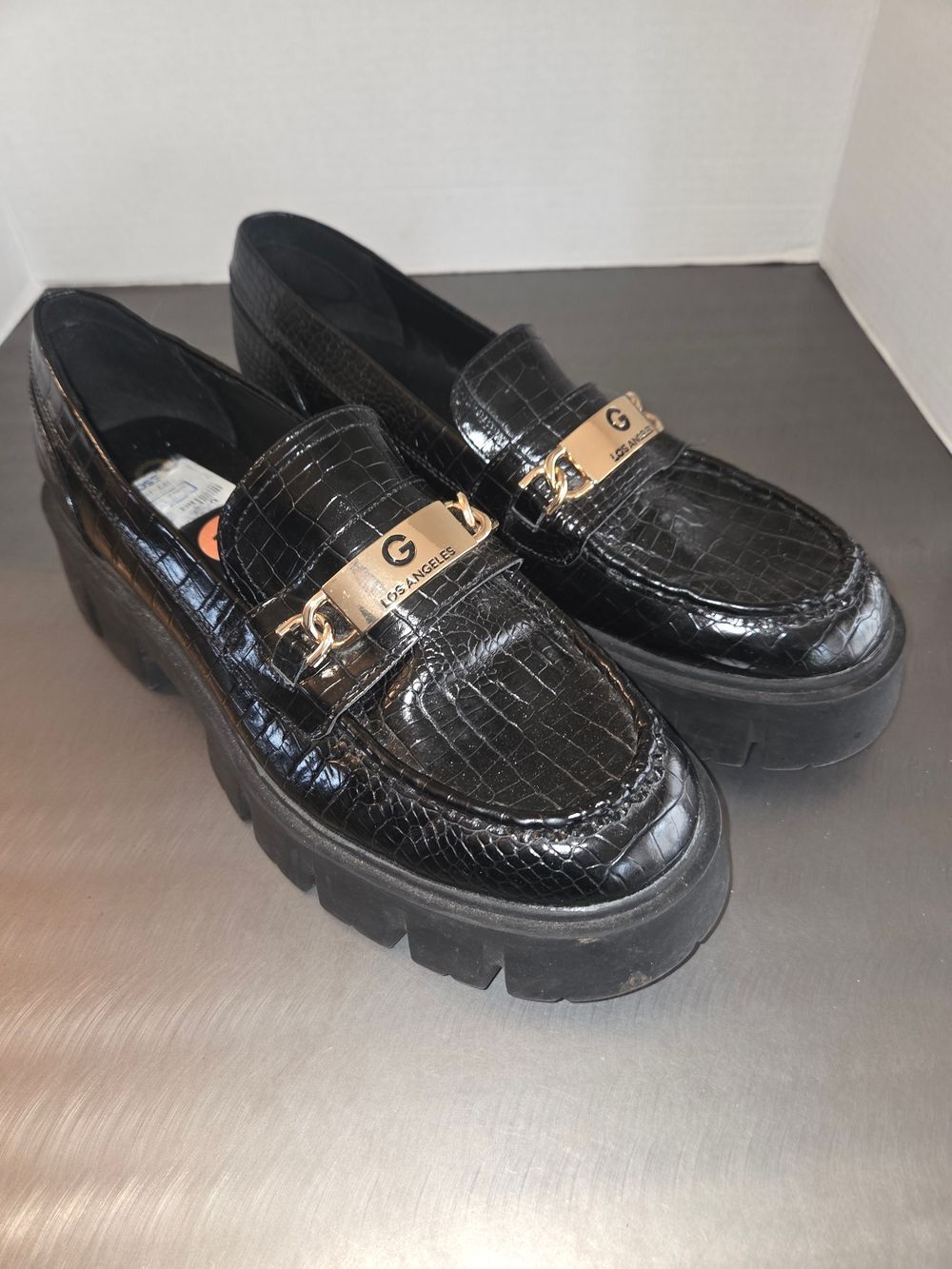 GBG Collie Black Croc Chunky Platform Lug Loafers Gold Hardware 11